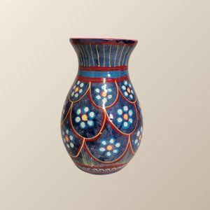 Hand Painted Mexican Folk Art Vase Floral Terra Cotta